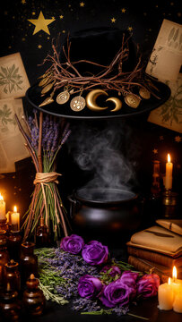 brujer&iacute;a bot&aacute;nica, magia, ocultismo, esoterismo, bruja, ritual m&aacute;gico, alquimia, caldero, sombrero de bruja, amuletos, talismanes, luna creciente, s&iacute;mbolos m&aacute;gicos, hierbas medicinales, plantas arom&aacute;t