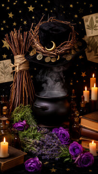 brujer&iacute;a bot&aacute;nica, magia, ocultismo, esoterismo, bruja, ritual m&aacute;gico, alquimia, caldero, sombrero de bruja, amuletos, talismanes, luna creciente, s&iacute;mbolos m&aacute;gicos, hierbas medicinales, plantas arom&aacute;t