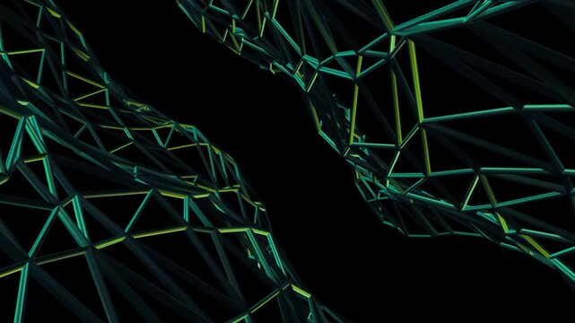3D Metallic Wireframe Polygon Mesh Diagonal Tunnel Seamless Loop Video, Abstract Cybernetic Network Motion Graphics, Glowing Emerald Green Specular Refraction &ndash; Rotating diagonal view of interlinked
