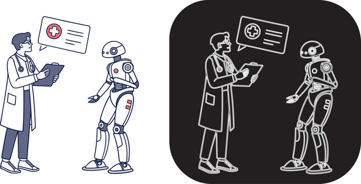 A doctor with a clipboard talking to a humanoid robot with a speech bubble, in colored and white line variations