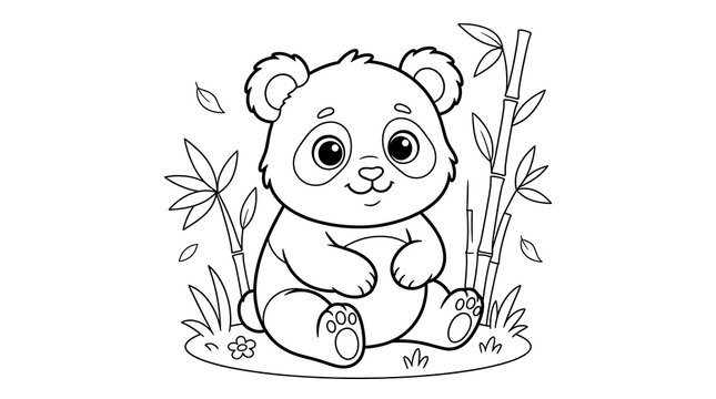 Happy baby panda sitting by bamboo plants coloring page vector graphic
