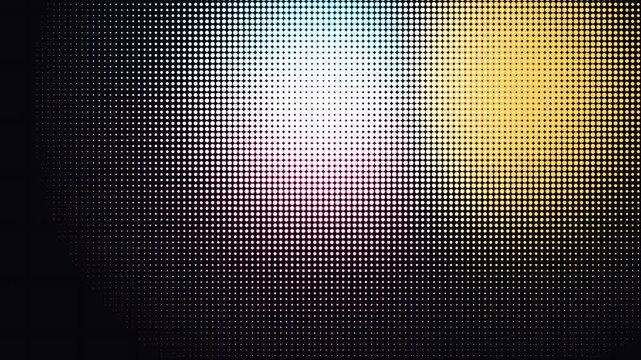 Three colored spotlights sweeping a dark halftone dot field and mixing where they meet seamless loop