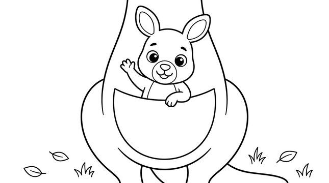 Cute baby kangaroo peeking out from mother pouch coloring page vector illustration