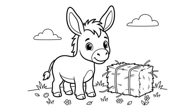 Cute baby donkey standing beside bale of hay coloring page vector art