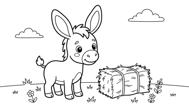 Friendly young donkey looking at hay bale coloring book vector graphic
