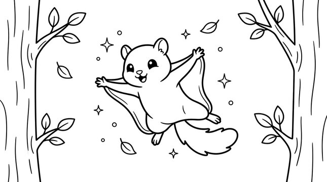 Cute flying squirrel soaring between trees vector coloring page