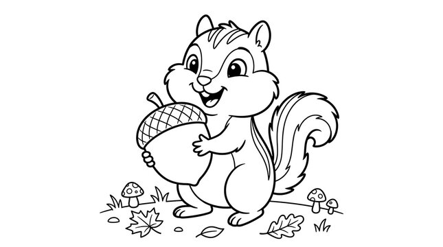 Cute squirrel holding large acorn coloring page vector