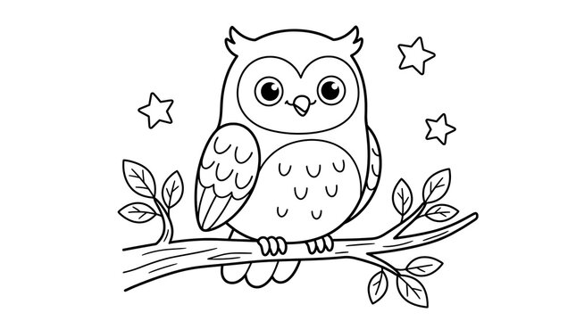 Cute wise owl perched on tree branch coloring page