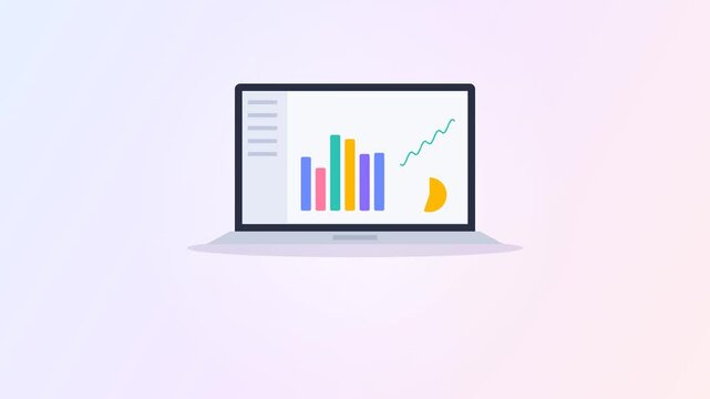 Flat laptop opening with animated charts and work icons flying out to orbit it