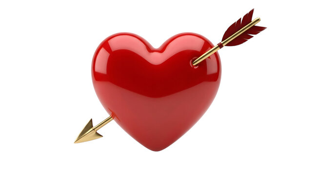 A vibrant red heart pierced by a golden arrow symbolizing love and valentine's day isolated on transparent background