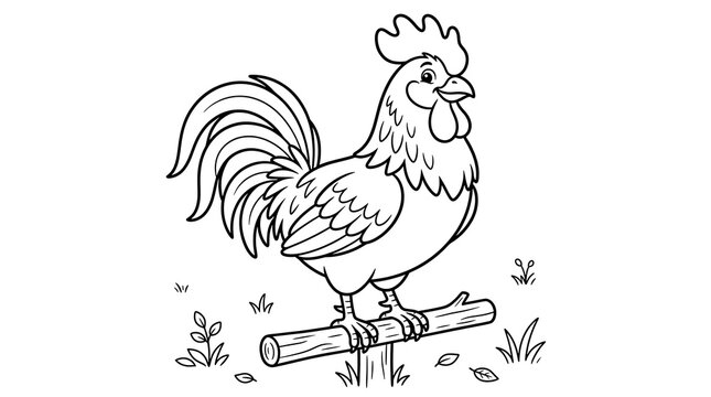 Friendly farm rooster standing on wooden fence rail coloring page vector graphic
