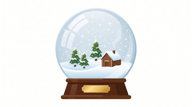 Winter snow globe vector illustration with cozy cabin and pine trees