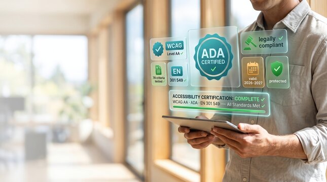 Digital Accessibility Compliance Certification with Compliance Manager Reviewing WCAG AA ADA and EN 301 549 Standards on a Tablet in a Bright Professional Workspace