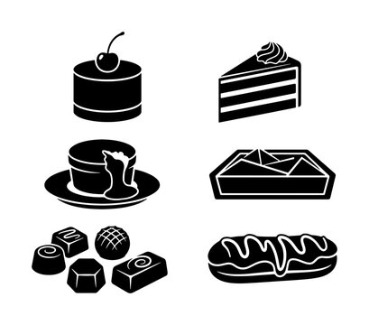 Dessert silhouettes set with cake slice, eclairs, chocolates and pastries for logos and signage