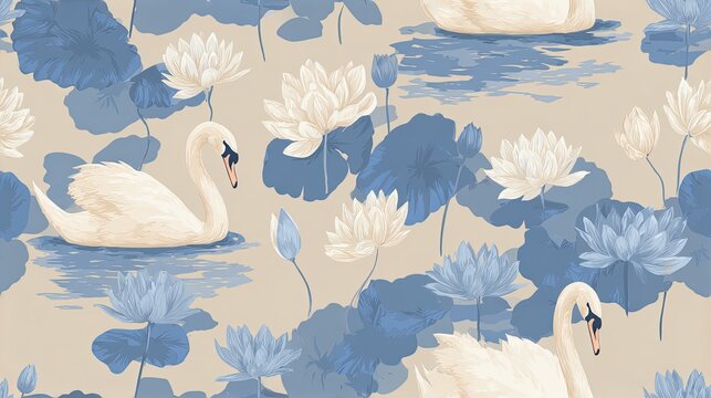 Seamless elegant pattern with white swans, blue lotus flowers and aquatic leaves on a warm beige background, serene pond illustration and decorative surface design