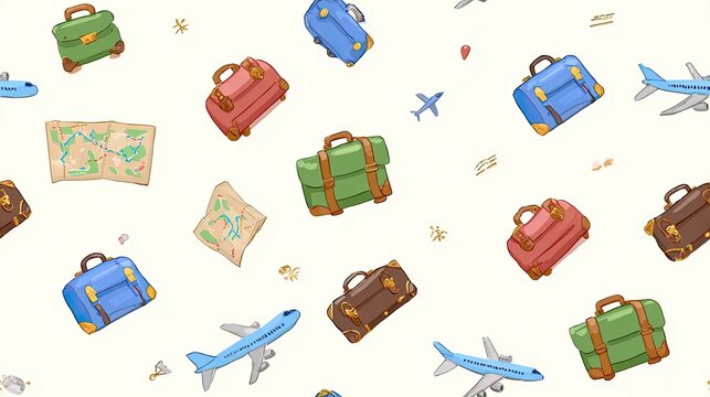Seamless travel pattern with colorful suitcases, map symbols and small airplanes on a cream background, tourism, vacation and adventure surface design