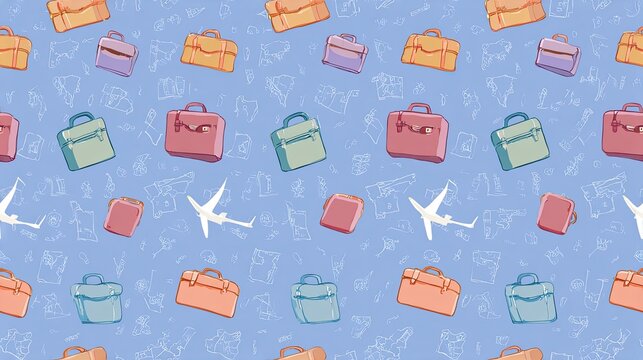 Seamless colorful travel pattern with suitcases and airplanes on a soft blue background, vacation, tourism, airport journey and playful surface design