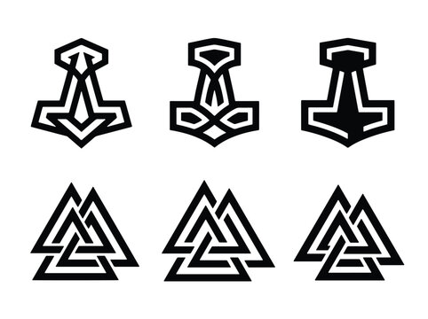 Set of minimalist black viking symbols including mjolnir and valknut icons