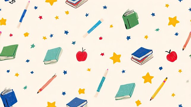 Seamless back to school pattern with books, pencils, apple, stars and school supplies on a light background, education illustration and playful surface design
