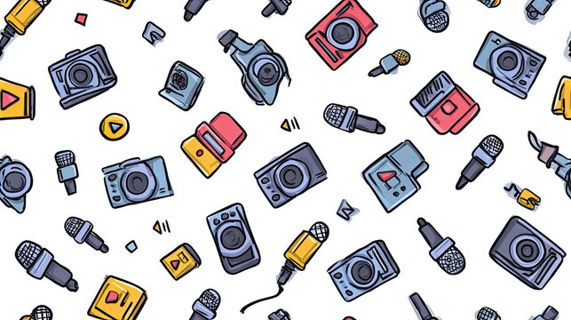 Seamless colorful photography pattern with cameras, lenses and small photo accessories on a light background, creative media illustration and surface design