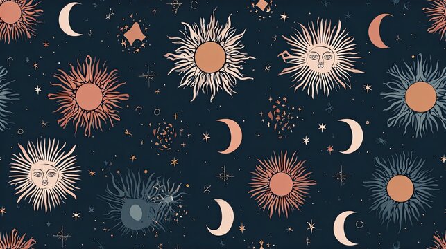 Seamless dark celestial pattern with ornate suns, crescent moons and scattered stars on a navy background, mystical cosmic illustration and surface design