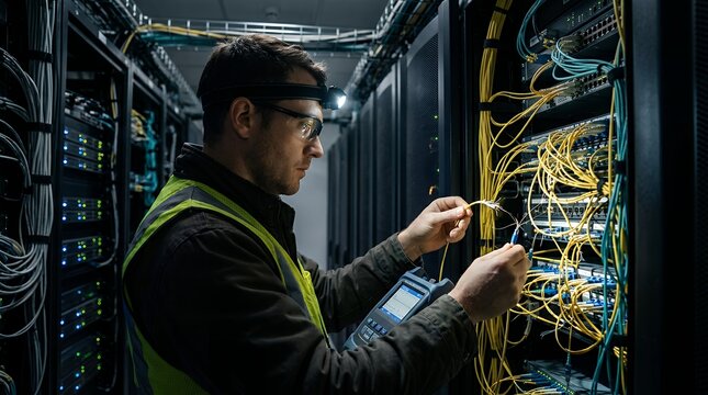 Data center technician performing cable management and network connectivity in a server rack environment
