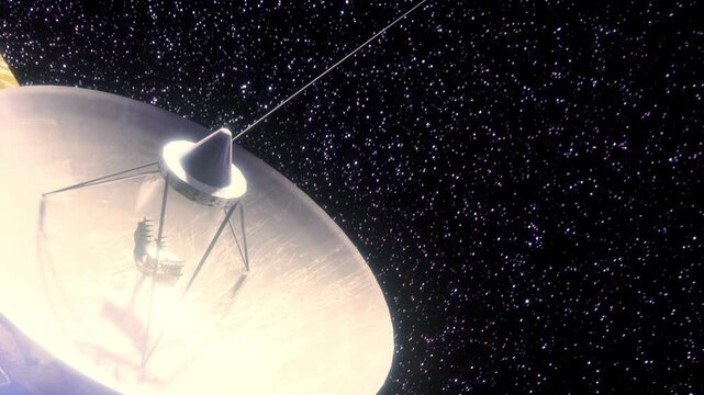 A satellite dish captures signals from distant stars in a vast cosmic landscape filled with twinkling stars and deep darkness, showcasing humanitys quest for knowledge in the universe.