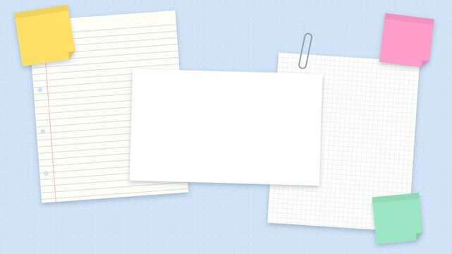 Notebook sheets sticky notes and a paper clip sliding in around a clean card