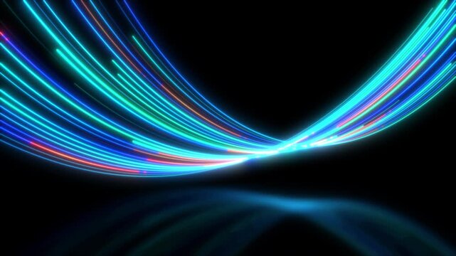 Abstract glowing blue and cyan neon light lines background with dark space for tech design