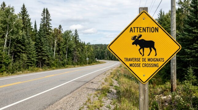 Yellow diamond shaped moose crossing sign on a rural road with evergreen forest and cloudy sky