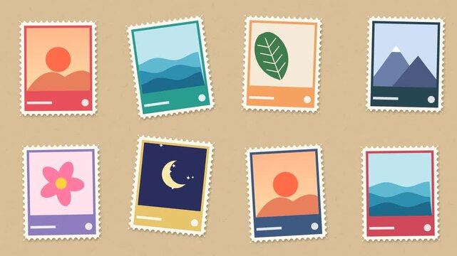 Postage stamps with mini scenes landing on kraft paper and postmarks stamped on
