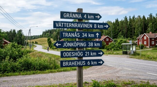 Swedish Countryside Signpost with Directions to Gr&auml;nna J&ouml;nk&ouml;ping and Odesh&ouml;g
