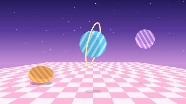 Cute planets bouncing like rubber balls on a pink checkered floor under the stars seamless loop