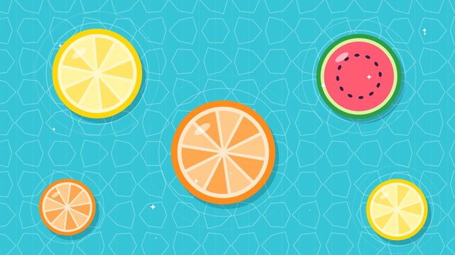 Giant lemon orange and watermelon slices floating and spinning on a sparkling pool seamless loop