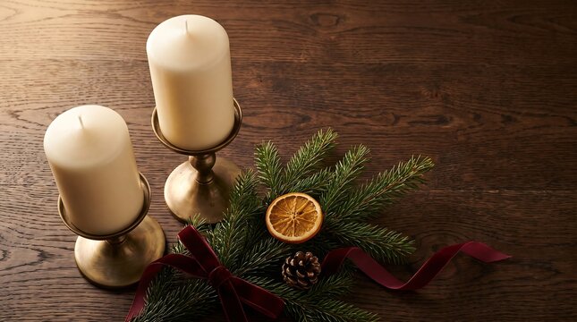 Two white pillar candles in brass holders with christmas evergreen decorations on a dark rustic wooden table background