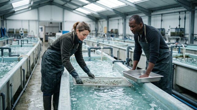 Technicians tend juvenile oysters in a coastal hatchery