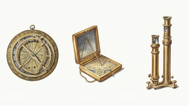 Antique brass navigational instruments including astrolabe sundial and telescope for historical science and exploration.