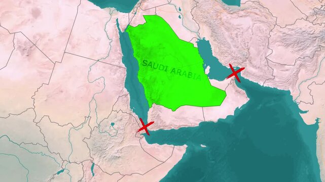 Geopolitical crisis map animation highlighting Saudi Arabia with Red Sea and Persian Gulf blockade markers