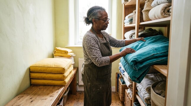 Senior caregiver prepares washable floor cushions