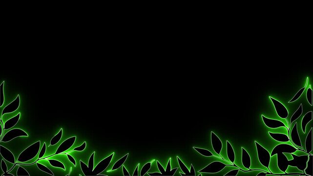 Vibrant glowing green neon leaf border animated background with dark silhouette foliage on a black backdrop. Perfect for nature videos, modern intros, overlays, presentations, and cyber aesthetic art.