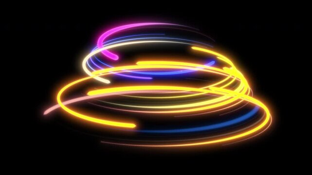 Dynamic futuristic yellow and blue light trails rotating in circular motion for digital backdrop