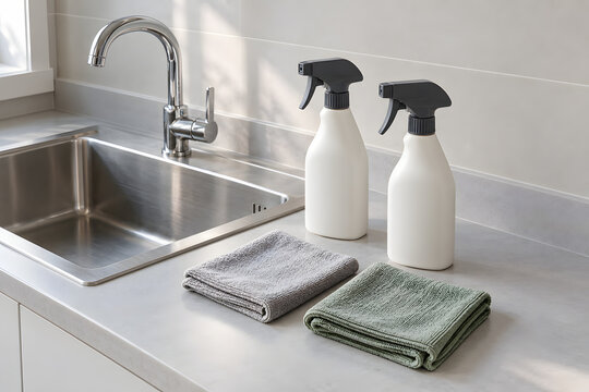 Refillable cleaning spray bottles and washable cloths beside a utility sink