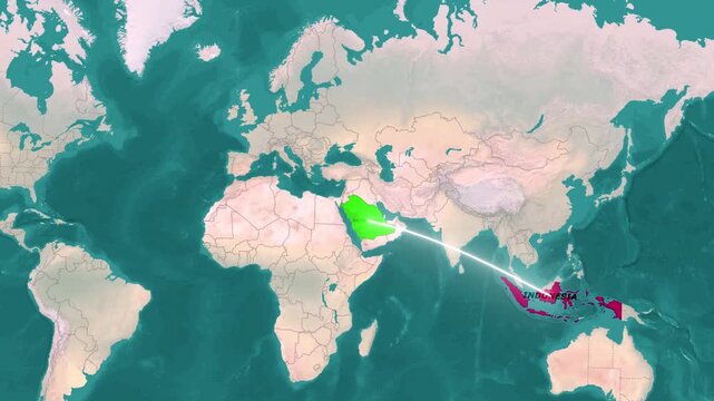 Global world map animation of flight route connection from Saudi Arabia to Indonesia across ocean