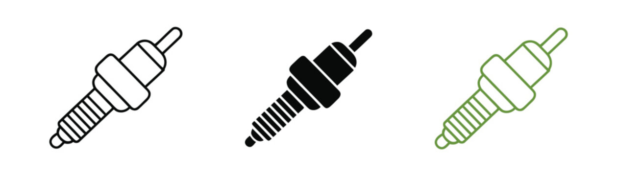 Automotive engine ignition part symbols in three visual styles, representing threaded ignition components, vehicle maintenance equipment, mechanical repair, and automotive service applications
