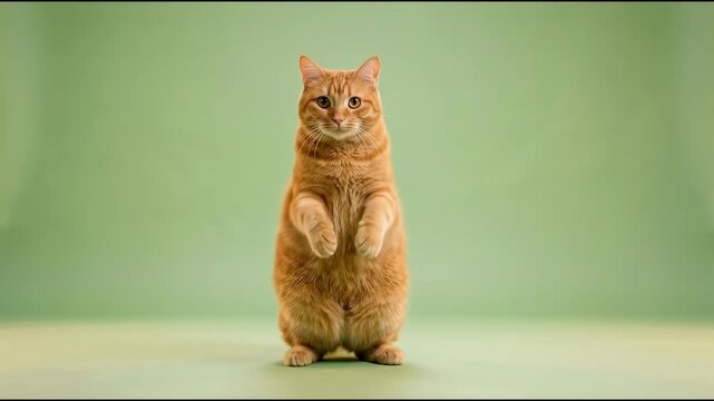 Orange tabby cat dancing upright on its hind legs with raised paws, a playful pet background for social media and entertainment