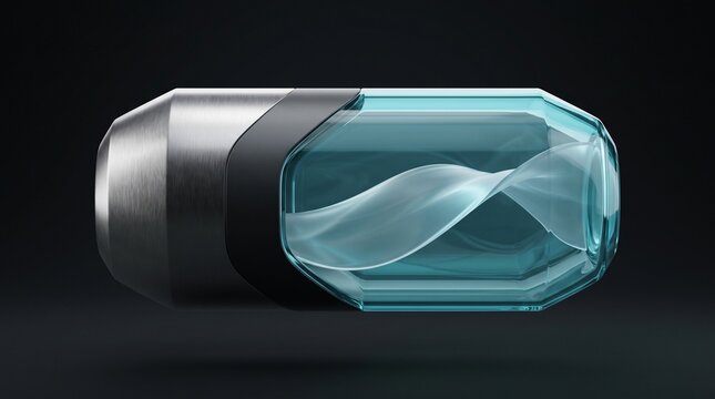 Metallic capsule containing a transforming swirling teal colored form is displayed container cylinder swirl transformation morphing