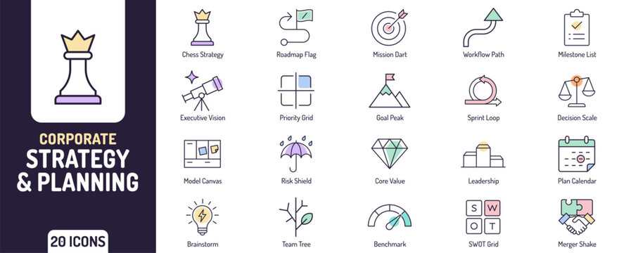 Corporate Strategy and Planning Icon Set for Business Management Leadership Mission Goals and Roadmaps UI