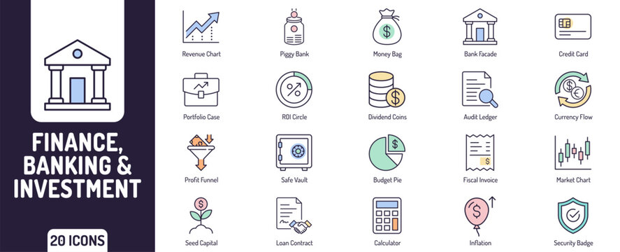 Finance Icon Set, Banking and Investment Icon Set for Money Management Stock Market Economy and Wealth Planning UI