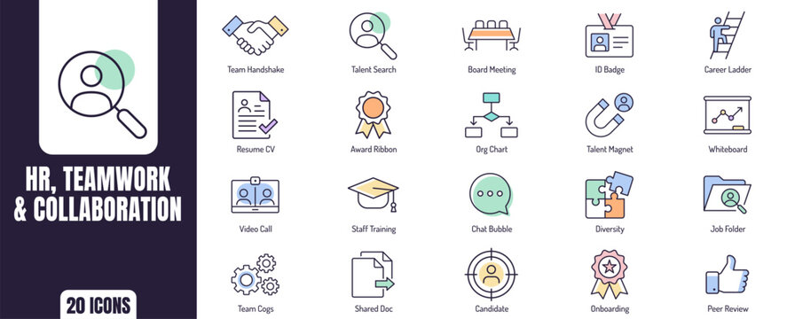 HR Icon Set, HR Teamwork and Collaboration Icon Set for Human Resources Recruitment Employee Onboarding and Business UI