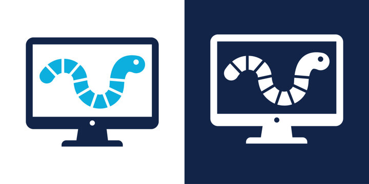 Computer worm icon, malware symbol, cyber security threat concept, vector illustration of a segmented worm inside a monitor screen